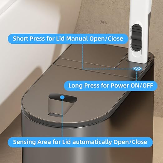 Bathroom Trash Can with Lid - Motion Sensor Smart Garbage Bin with Toilet Brush 2 Gallon / 7L Small Automatic Trash Can Odor-Control for Bathroom (Grey with Toilet Brush)