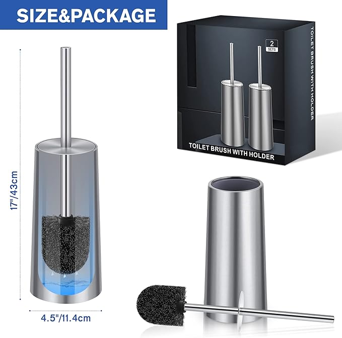 Toilet Brush and Holder 2 Pack Toilet Brush Stainless Steel Toilet Bowl Brush for Bathroom Toilet-Ergonomic ElegantDurable (Silver)
