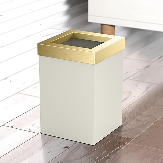 Gatco Small Bathroom Trash Can with Lid Square 3 Gallon Stainless Steel Wastebasket Under Sink Matte Pearl and Brushed Brass for Bathroom Bedroom Office (1935B)