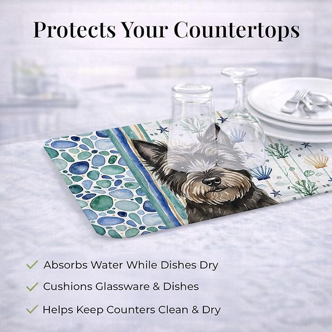 Caroline's Treasures Black Cairn Terrier Coastal Sea Glass Dish Drying Mat Absorbent Dish Drying Mat Pad for Kitchen Counter Dish Drainer Mat for Countertop 14 x 21 Multicolor