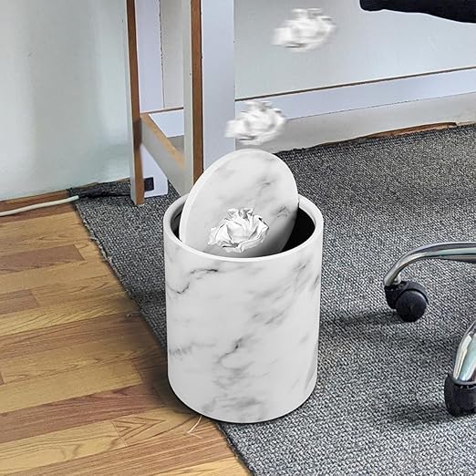 Veemoon Marble Pattern Trash Can 15L Flip Lid Plastic Waste Basket for Kitchen Bathroom Office Home Round Garbage Bin with Double Layer Cover