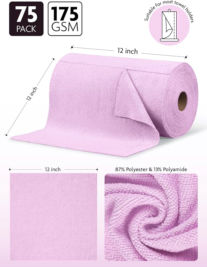 Fantasticlean Microfiber Cleaning Cloth Roll -75 Pack Tear Away Microfiber Towels 12 x 12 Reusable Washable Scratch Free Ultra Absorbent Dishcloth for All-Around Cleaning Supplies (Purple)