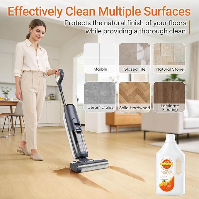 Floor Cleaner Compatible with Tineco Cleaning Solution Suitable with All Robotic Vacuum Mop and Cordless Wet/Dry Vacuum Mop Cleaner Multi-Surface Deodorizing &amp Cleaning Solution (1 L Orange)