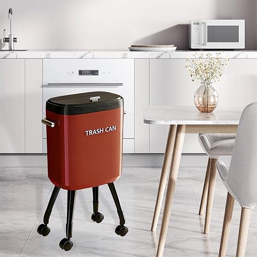 Garbage Can with Legs Dustbin High Foot 15L Large Capacity Household No Bending Wastebasket for Office Bedroom Kitchen Toilet Red with Caster