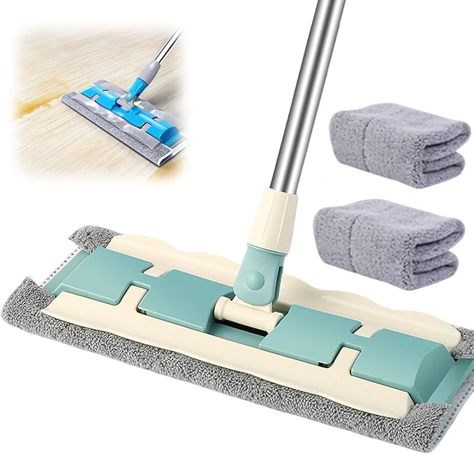 Flat Mop with Stainless Steel Handle with Reusable Washable Mop Cloths 2025 Professional Microfiber Mops Floor Cleaning Mops 4 Reusable Washable Pads (Nordic Green Two mops)