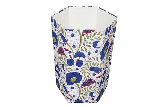 Handmade Cotton Paper Waste Basket Stylish Trash Can for Home or Office (1 Green Bule FLOWAR)