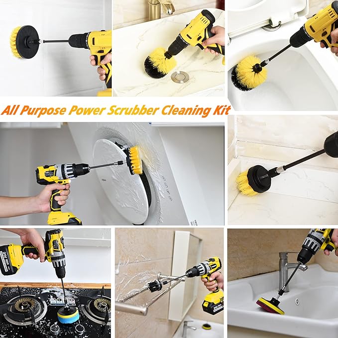 Shieldpro 45 Piece Drill Brush Attachment Set All Purpose Power Clean Scrubber Brush Scrub Pads &amp Sponge with Extend Long Attachment for Bathroom KitchenGroutTubTileCorners Auto