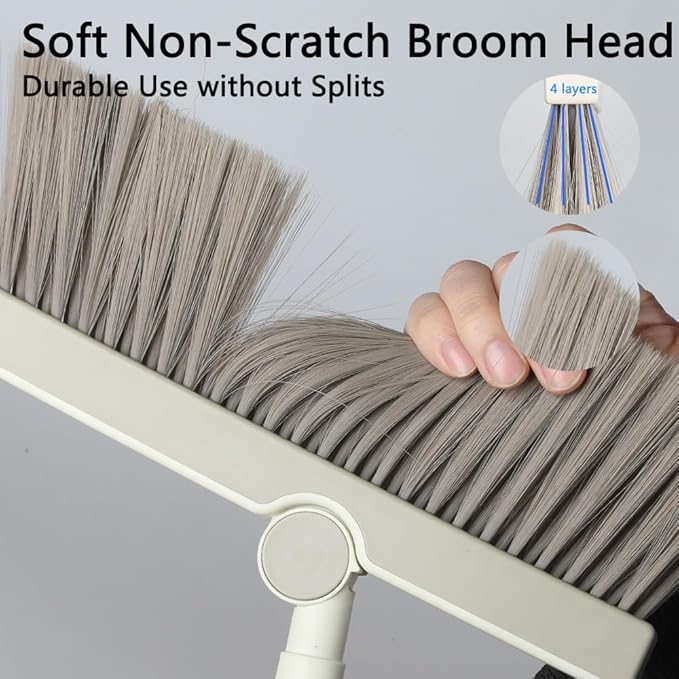 Triangular Indoor Broom and Dustpan Comb Set 180° Rotating Soft Bristle Long Handle Upright Sweeping Angled Broom with Self-Cleaning Teeth for Home Kitchen Office Wood Floor (White Gray)