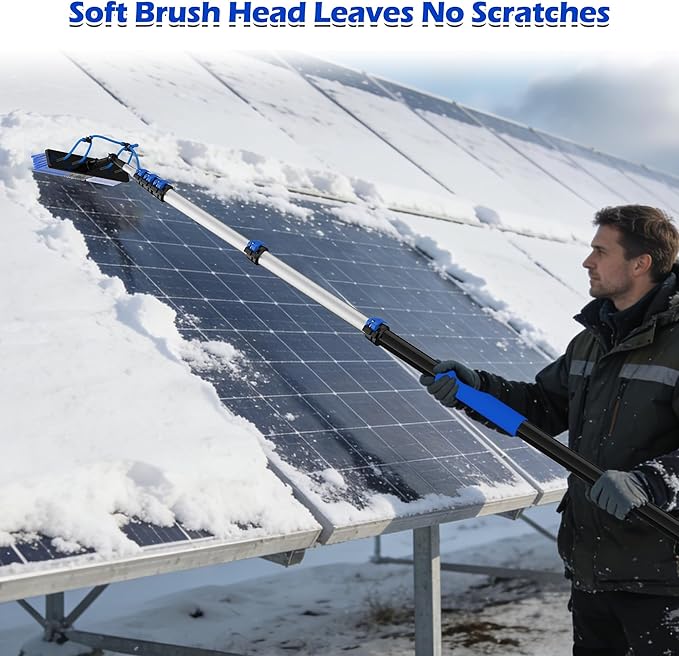26Ft Reach Solar Panel Cleaning Brush Kit with 5-20ft Telescoping Pole - Telescopic Extension Pole with Dual Action Flip-Lock &amp Screw Fixing Design Ideal for Snow Removal Windows Boats RVs De