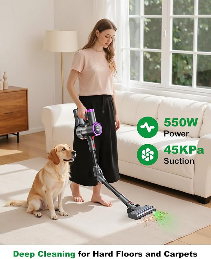 Cordless Vacuum Cleaner Stick Vacuum Foldable Rechargeable Powerful Suction Lightweight Vacuum Cleaners for HomeAnti-TangleSelf Standing for Pet Hair Hardwood Floor Carpet