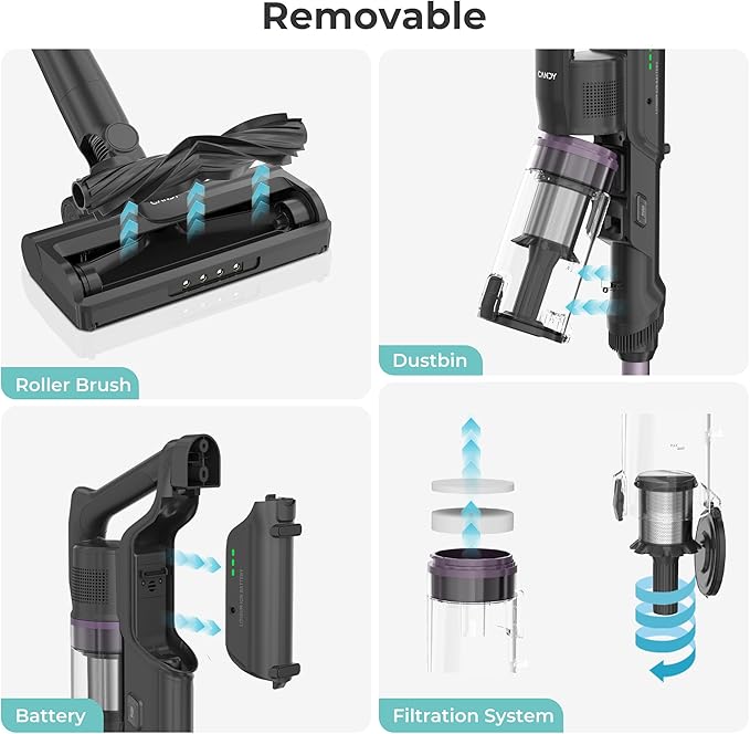 CANDY Cordless Vacuum Cleaner45Mins Vacuum Cleaners for HomeStick VacuumStrong SuctionRemoveable BatteryAnti-TangleOne Click CleanLightweight Handheld for Hardwood Floor Carpet Pet Hair Car