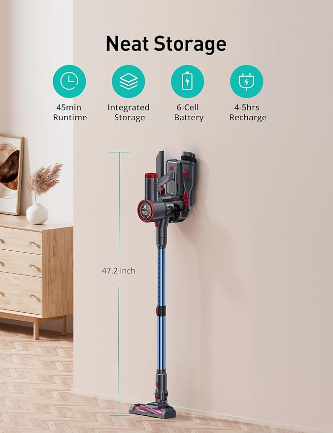 Aspiron Cordless Vacuum Cleaner Vacuum Cleaners for Home Powerful Suction with Large LED Touch Display Rechargeable Stick Vacuum LED Headlights Handheld Vacuum for Hard Floors Carpets Sofa Car
