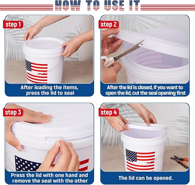 4 Pcs 2 Gallon Plastic Bucket with Lid and Handle Large White Heavy Duty Bucket with American Flag for Home Gardening Tools Household Cleaning Baseballs Storage Container