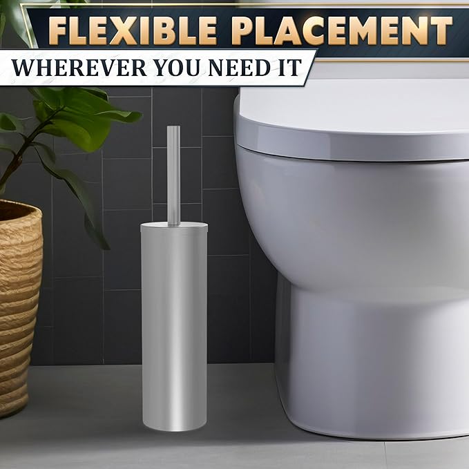 Stainless Steel Toilet Brush and Holder Set White - Long Handle Toilet Bowl Cleaner Brush and Holder - Removable Inner Liner Shiny Design Splash Protection &amp Dense Bristles for Bathroom Cleaning