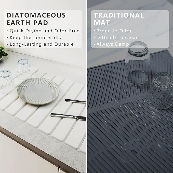 Large Stone Drying Mat for Kitchen Counter Diatomaceous Earth Collapsible 24”（L）*16”（W）Super Heat Resistant Mats Quick Absorbent Dish Drying Rack（Light Gray）