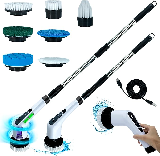 Generic Befrima Electric Spin Scrubber 7 in 1 - Waterproof Electric Cleaning Brush Cordless Shower Scrubber with Adjustable Handle Electric Spin Scrubber 360° and Dual Speed for Cleaning Bathroom
