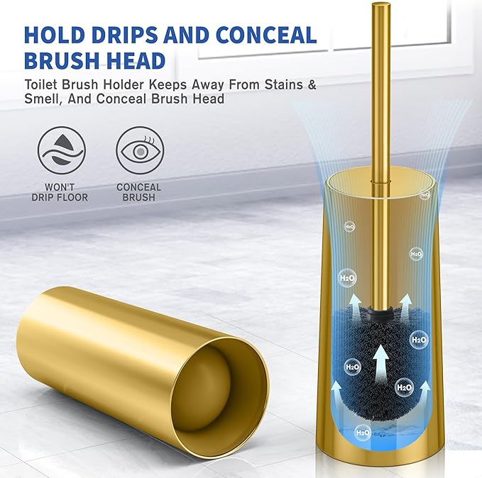 Toilet Brush and Holder 2 Pack Toilet Brush Stainless Steel Toilet Bowl Brush for Bathroom Toilet-Ergonomic ElegantDurable (Gold)