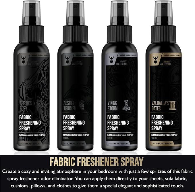 Fabric Freshener Spray by The Beard Struggle - Linen Spray Freshener for Cloths Bed &amp Room Air Freshener - Odor Eliminator with Luxury Fragrance - Valhalla's Gates Gold Collection (120ml)