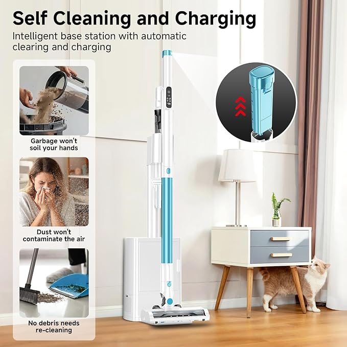 Cordless Stick Vacuum Cleaner with Auto Empty System Self-Charging Base Powerful Suction for Pet Hair on Carpet &amp Hardfloor Lightweight Anti-Tangled Handheld Vacuum HEPA Filtration Blue