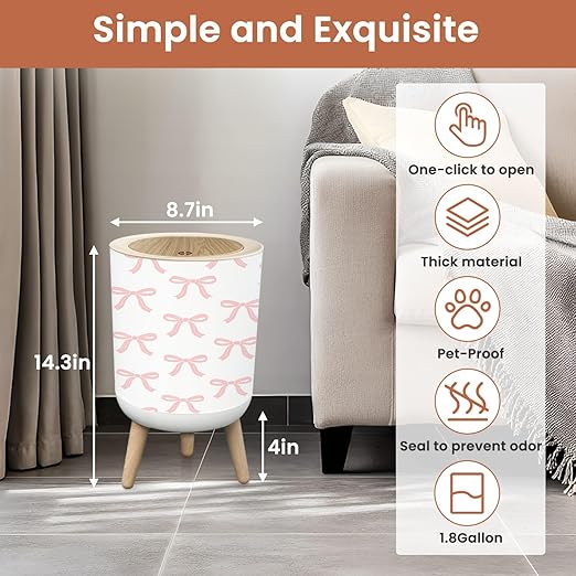 Small Trash Can with Lid Cute Coquette Seamless Pink Ribbon Bow White Garbage Cans Round Wastebasket 1.8 Gallon Dog Proof Trash Can Waste Basket for Bathroom Office Dorm Decor