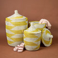 Yellow White Decorative Wicker Basket Set 3pcs - Organize Bedroom Living Room Nursery - Laundry Hamper Toy Bin Blanket Storage - Decorative Boho Style - Wicker Woven Lid Handles