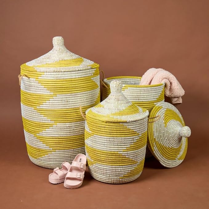 Yellow White Decorative Wicker Basket Set 3pcs - Organize Bedroom Living Room Nursery - Laundry Hamper Toy Bin Blanket Storage - Decorative Boho Style - Wicker Woven Lid Handles