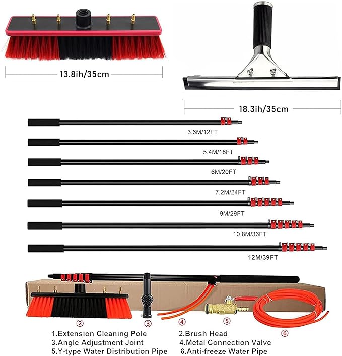Window Cleaning Set Window Cleaner Glass System Cleaning Equipment Tools Scrubbing Brush and Hose Scrubber with Squeegee 10.8m/36ft35cmbrushhead-6M/20FT