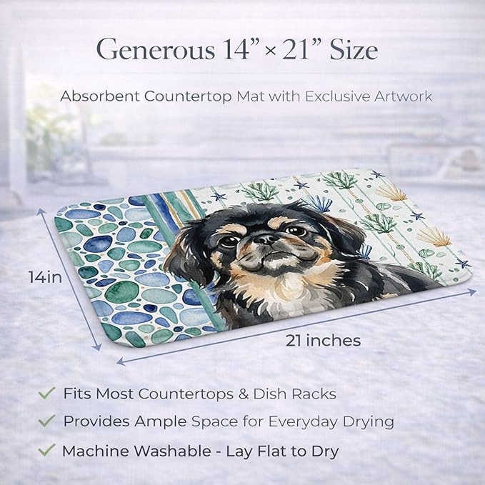 Caroline's Treasures Black and Tan Pekingese Coastal Sea Glass Dish Drying Mat Absorbent Dish Drying Mat Pad for Kitchen Counter Dish Drainer Mat for Countertop 14 x 21 Multicolor
