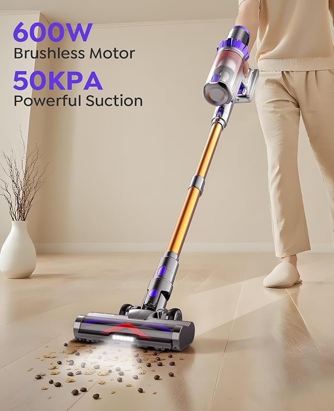 Cordless Vacuum Cleaner 50KPA Powerful Suction 70Min Runtime Vacuum Cleaners for Home Self-Standing Stick Vacuum with Charging Dock StationAnti-Tangle Brush for Home Pet Hair/Carpet/Hardwood Floor