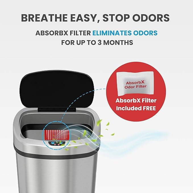 iTouchless 13 Gallon Sensor Trash Can on Wheels with Odor Filter 50 Liter Automatic Kitchen Garbage Bin Oval Fingerprint-Proof Stainless Steel Hands-Free Motion Lid Brushed Silver