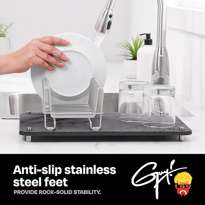 Guy Fieri’s Flavortown Stone Dish Drying Mat 16x12 with Anti-Slip Stainless Steel Feet Kitchen Counter Mat Durable Stone Drying Rack for Dishes and Glassware Gray Dark Marble