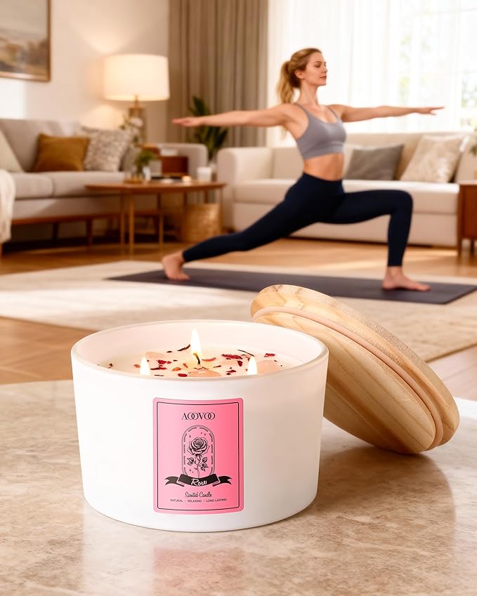 AOOVOO Rose Scented Candles for Women - 20oz 3 Wick Soy Candles for Home Scented Aromatherapy Candle with Crystals Inside Birthday Gifts Valentines Day Candle for Women Mom