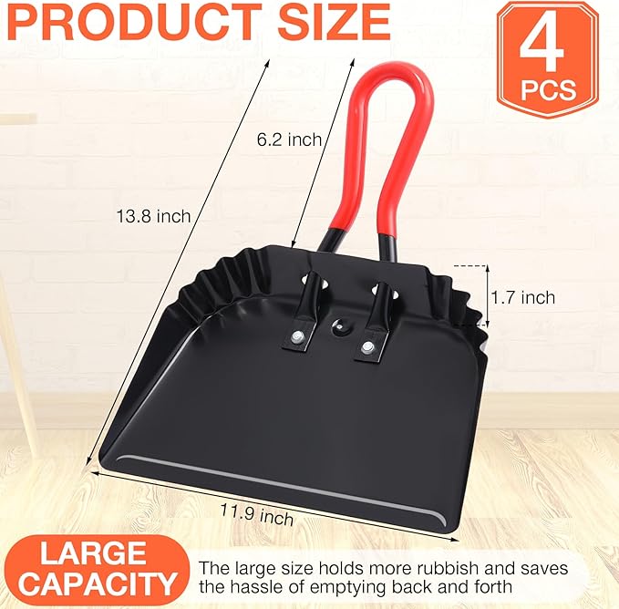Uiifan 4 Pcs Industrial Metal Dustpans 12 Heavy Duty Dust Pan with Handle Commercial Dustpan Wide Scooper Dust and Debris Sweeping Tool Precision Edge Rubber Grip Loop Handle (Black)