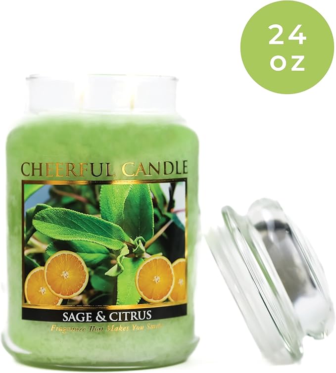 A Cheerful Giver - Sage &amp Citrus Scented Glass Jar Candle (24 oz) with Lid &amp True to Life Fragrance Made in USA