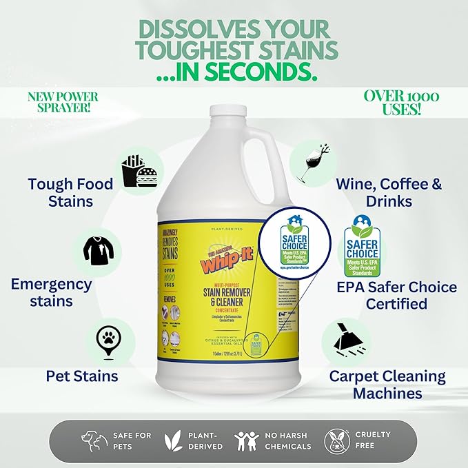 Whip It Cleaner Concentrate Multi Purpose Stain Remover Plant Based Enzyme Cleaner Cleaning Food Grease Coffee Wine Baby Stains Over 500 uses Made in the USA 1 Gallon128-ounce