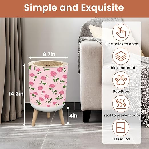 Bathroom Trash Can with Lid Coquette Roses Pink Seamless Design Garbage Bin Waste Basket for Kitchen Office Bedroom Decoration Diaper Pail 1.8 Gallon
