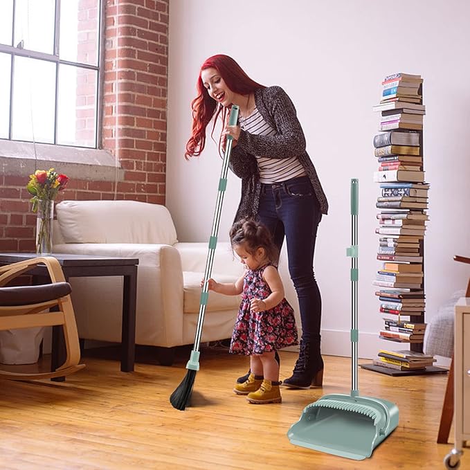 kelamayi Upgrade Broom and Dustpan Set Large Size and with Long Handle UprightIdeal for Indoor Outdoor Garage Kitchen Room Office Lobby Use (Green)