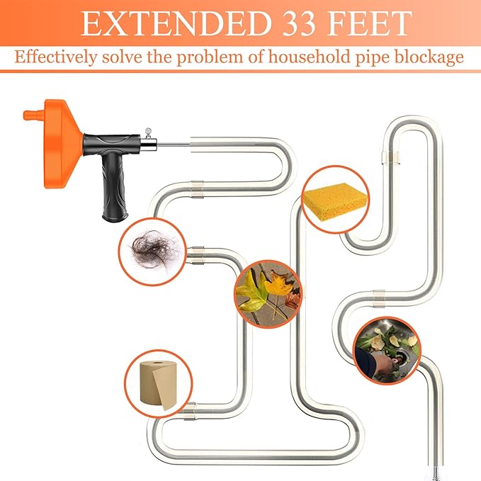 Drain Snake Auger（33 Feet） Plumbing Snake Drain Hair Clog Removal Tool Heavy Duty Snake Auger Sink Unclogger Drain Cleaner Tool for Bathroom Kitchen Tub Shower Drain Clog Remover with Gloves