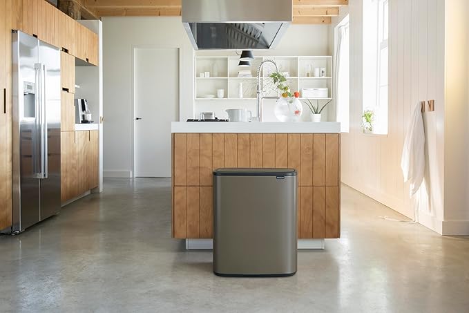 Brabantia Bo Touch Top Kitchen Trash Can with Dual Compartments | Platinum | 2 x 8 Gal Inner Buckets | Soft-Close Garbage Can Light Touch Opening Stay-Open Lid | Fits Against Wall | + Trash Bags