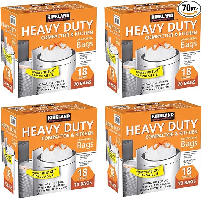 Kirkland Signature 18 Gallon Compactor &amp Kitchen Trash Bags 70-Count (4-Pack)
