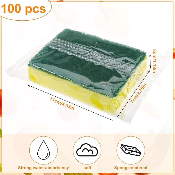 100 Pcs Individually Wrapped Sponges Uncompressed Non Scratch Scrouing Sponges for Household Cleaning Dishes Kitchen Airbnb Apartment Car Bike Green