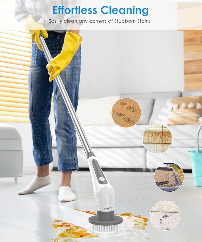 Electric Spin Scrubber 10 in 1 Airpher Cordless Cleaning Brush IPX8 with 9 Replaceable Brush Heads and 4 Tier Removable Handle Power Shower Scrubber for Bathroom Tub Tile Floor Kitchen Window