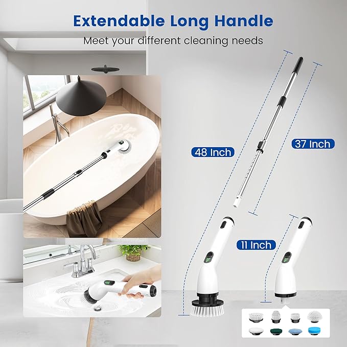 Electric Spin Scrubber Full-Body IPX7 Waterproof Cordless Shower Scrubber with 8 Replaceable Heads Upgraded Extension Handle 2H Work Time 2 Speeds for Bathroom Shower Tile Glass