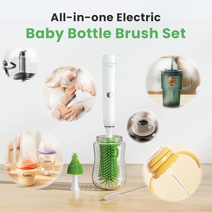 Bestidy Electric Baby Bottle Cleaner Kit for Travel- Rechargeable 360° Rotation Electric Baby Bottle Brush with Replaceable Nipple/Straw Brush 2-Speed Modes 50ml Lotion Bottle &amp Storage Bag