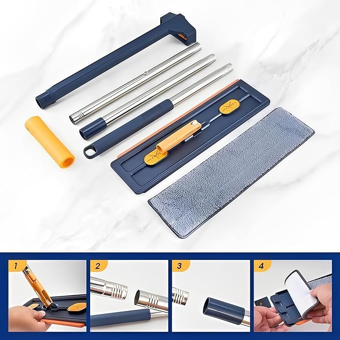 Self-Wringing 360° Flat MopHands-Free Wet &amp Dry Mop with Scalable BucketAdjustable Large Flat 360° Rotating Mops with 6 Washable Microfiber Padsfor Tile Hardwood (4 Microfiber Pads)