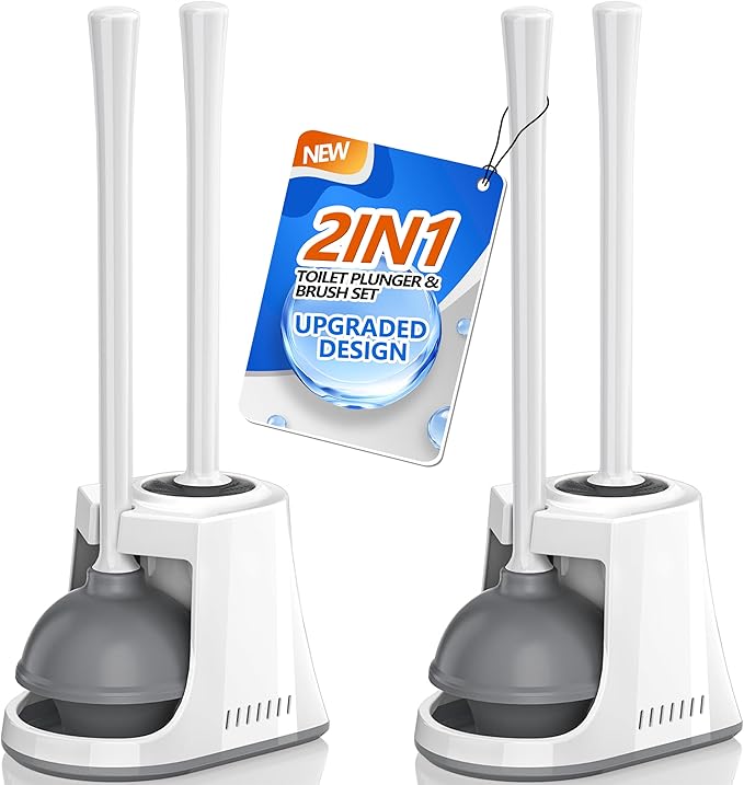 Toilet Plunger and Brush Bowl Brush and Heavy Duty Toilet Plunger Set with Ventilated Holder 2-in-1 Toilet Brush and Plunger Combo for Bathroom Cleaning (2 White)