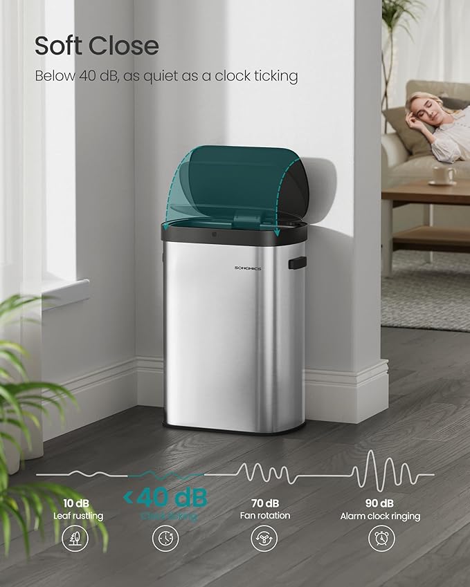 SONGMICS Motion Sensor Trash Can 13-Gallon (50 L) Automatic Garbage Can with Soft Close Lid Stainless Steel Wave or Touch to Open Includes 15 Bags Metallic Silver and Ink Black ULTB640E01