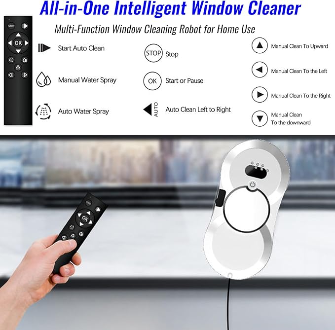 Window Cleaning Robot Automatic Window Cleaner with Water Spray for Windows/Tiles/Class Door 5600Pa Suction Power AI Path Planning Remote Control