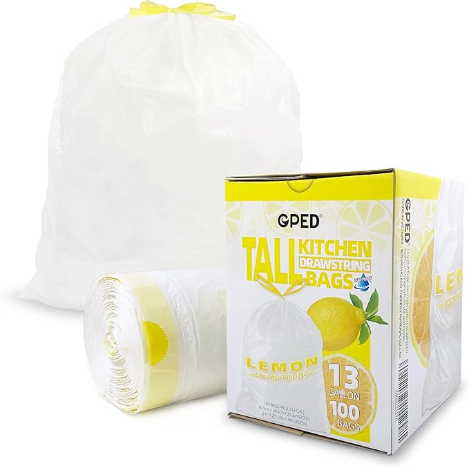 8NET 13 Gallon Kitchen Drawstring Trash liners Bags | 0.8 Mil | 24 x 27 - 100 Count Per Box (Box of 2) | Kitchen Home Office Bedroom Garbage Bags | Lemon Fresh Scent | White