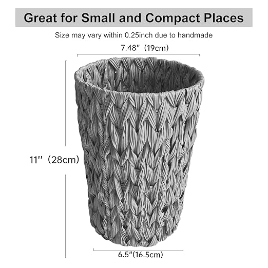 Wicker Trash CanSmall Bathroom Trash CanWaterproof Wicker Waste Basket for BathroomHandwoven Wastebasket for Office2 Gallon Grey Round